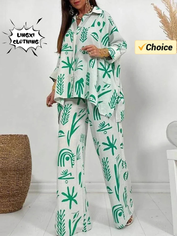 Summer Fashion Printed Women's Two Piece Set with Flip Collar Top and Wide Leg Pants