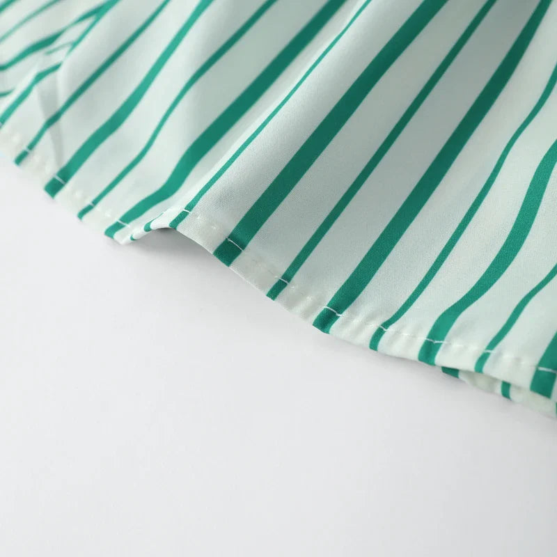 Elegant Women Striped Bow Tie Lace Up Blouse Round Neck Short Sleeve Puff Sleeve Loose Fit Vintage Chic Top for Spring and Summer