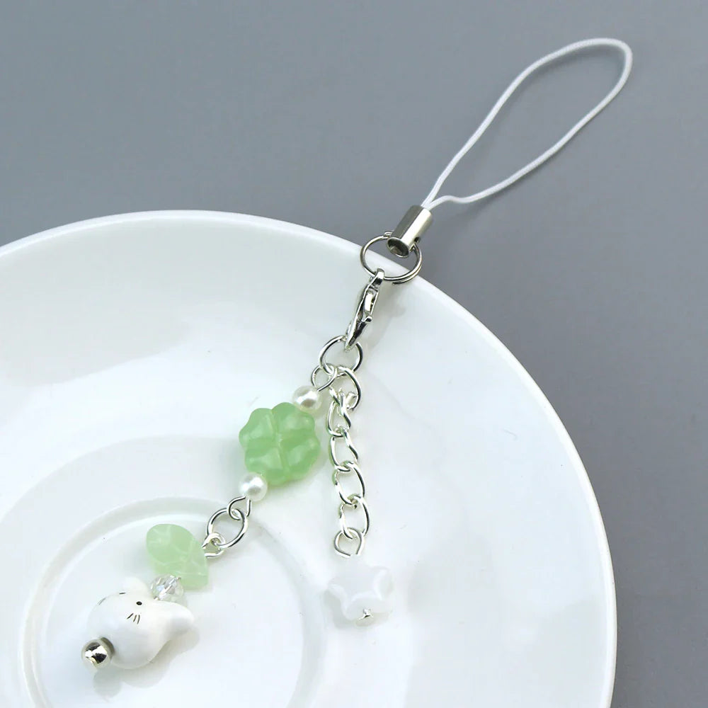 Handmade Four Leaf Clover Beaded Phone Charm Cute Cat Totoro Keychain Cybercore Cell Phone Chain Pendant Bag Decor