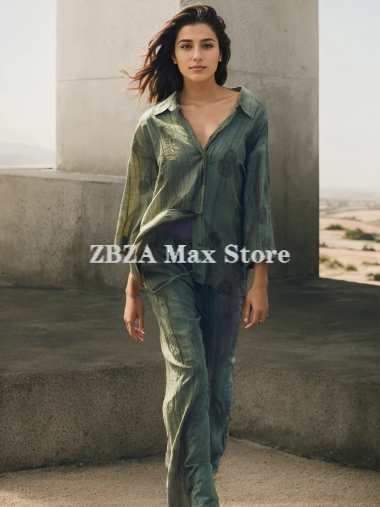 Jacquard Shirt Pants Suit for Women with Lapel Half Sleeve and Pockets, Wide Leg Pant Set for Summer Streetwear