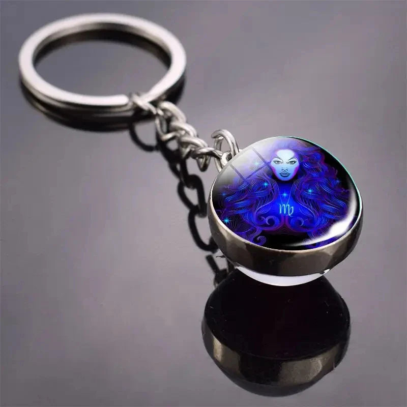 Luminous Zodiac Key Chain Double Sided Glass Ball Pendant for Men and Women Birthday Gift