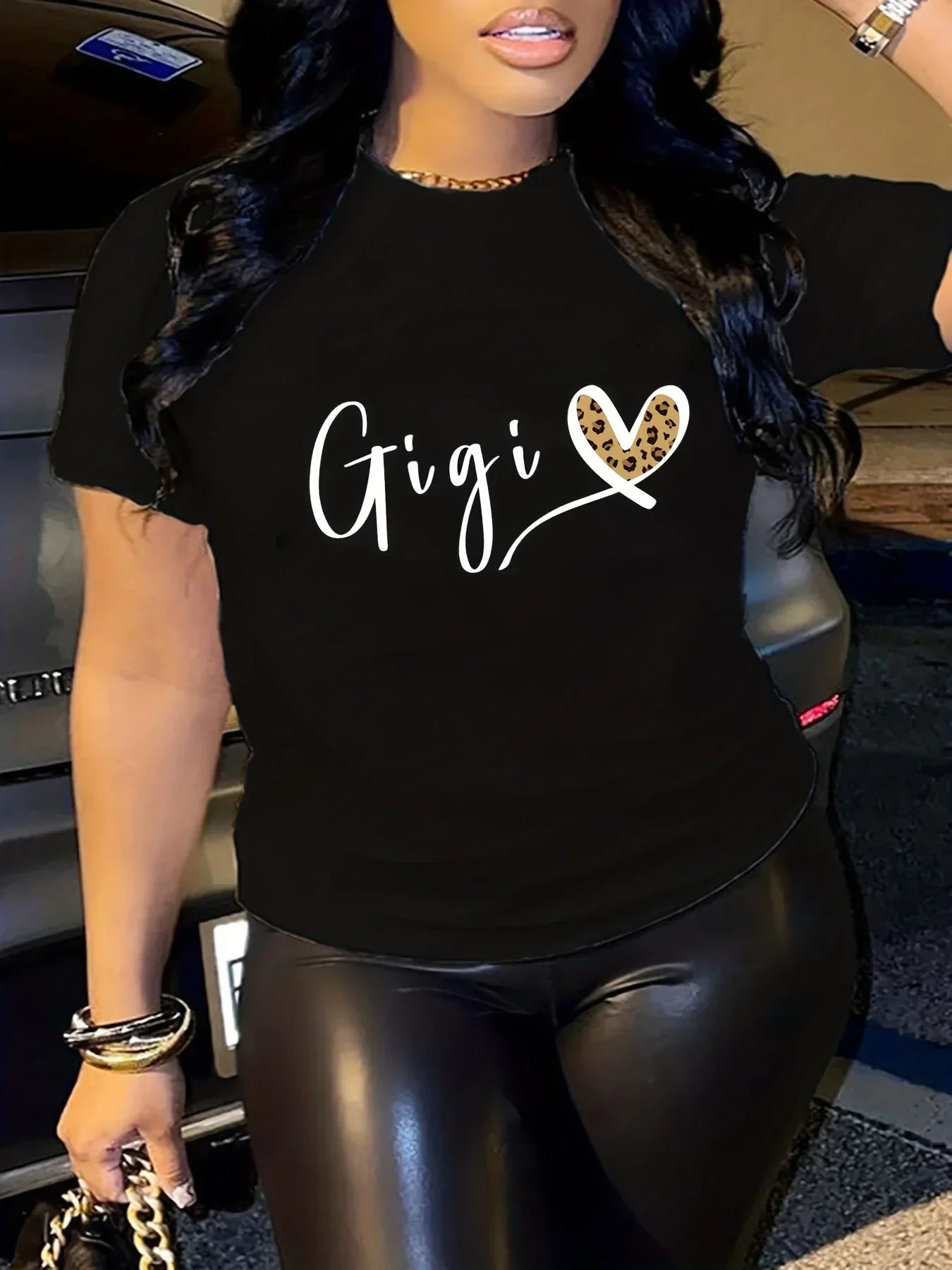 Gigi Letter Heart Print Casual T-Shirt for Women, Crew Neck Short Sleeve Everyday Top