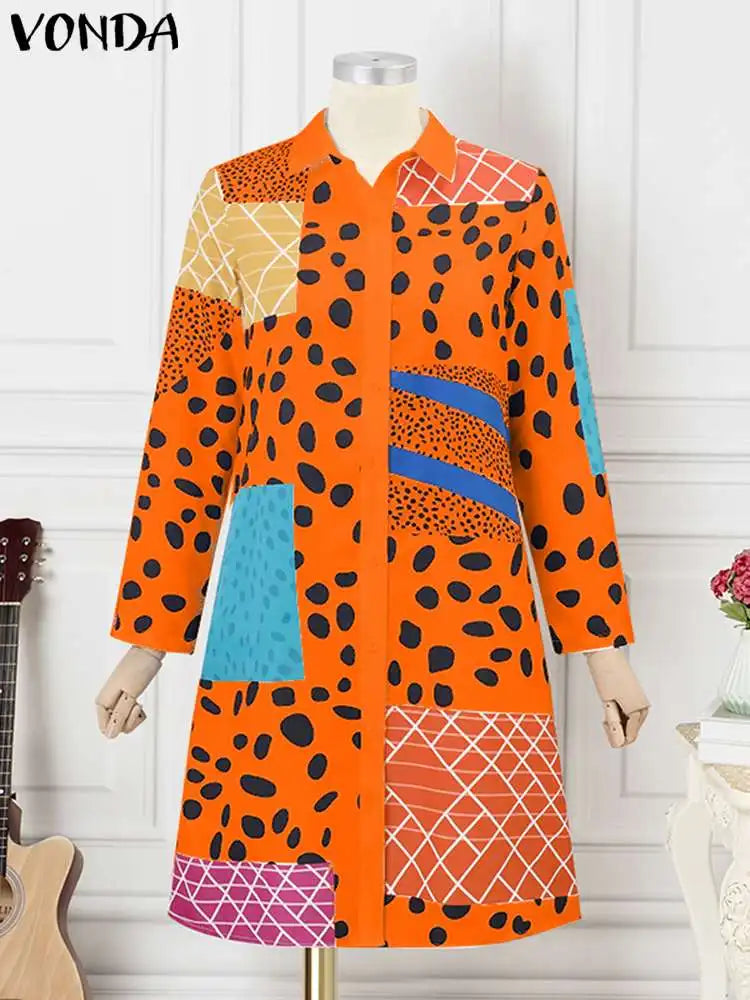 Boho Leopard Print Shirt Dress With Lapel Long Sleeve