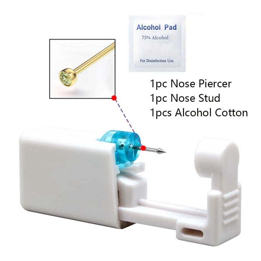 Disposable Nose Piercing Gun Kit with Built-In Crystal Nose Stud for Easy Piercing