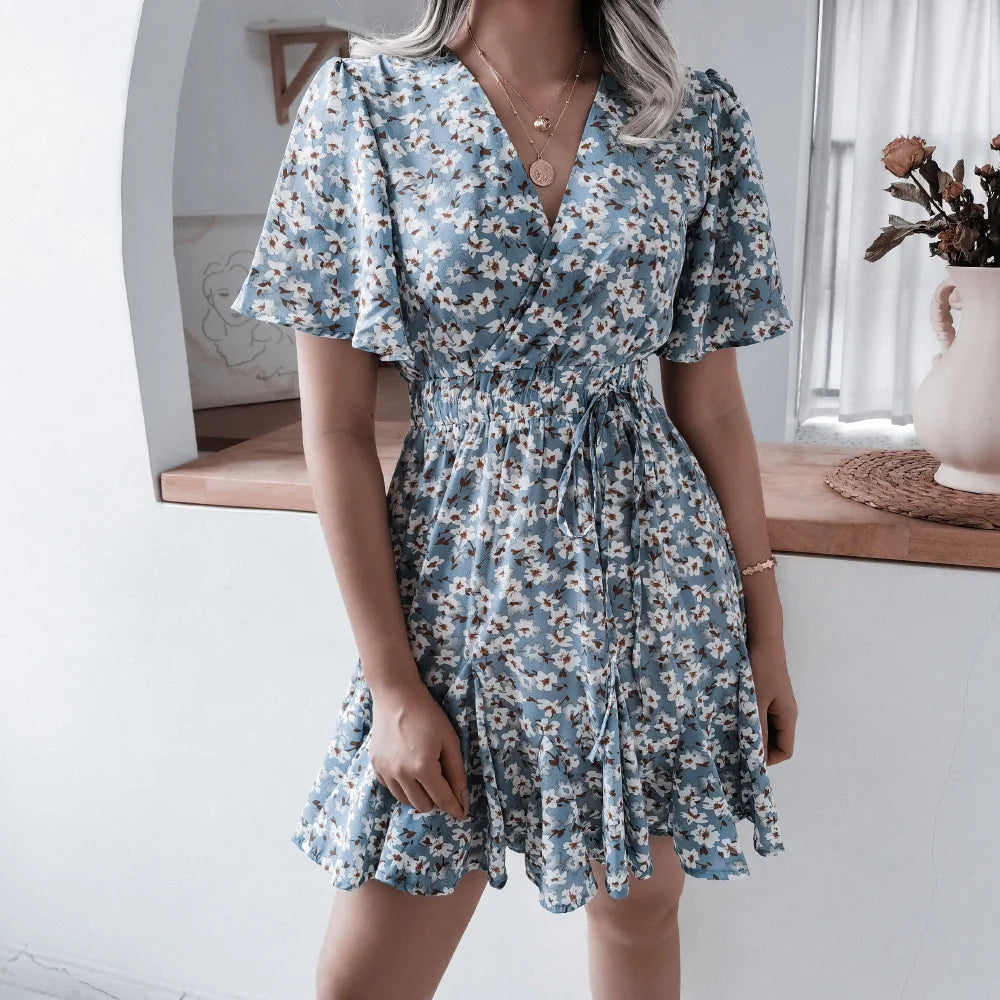 Summer Floral Dress With Bubble Sleeves V Neck A Line