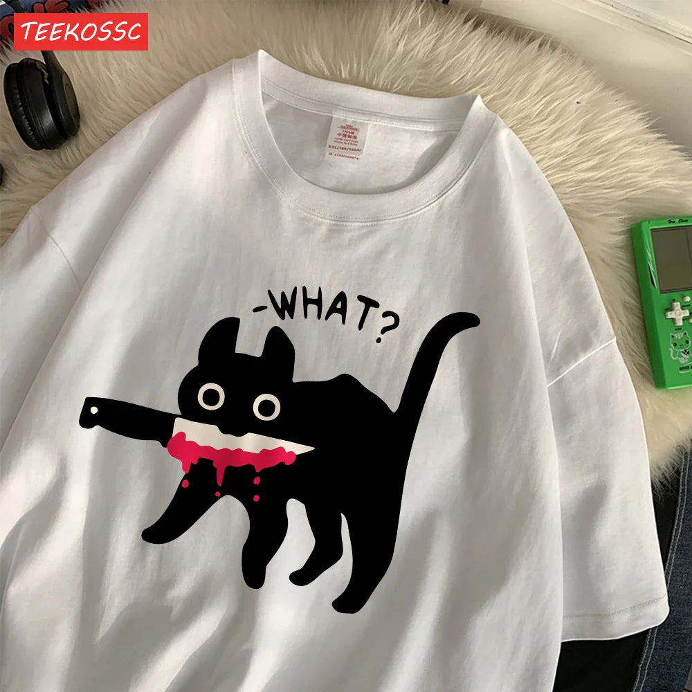 Summer Cotton Women's T-Shirts with Black Cat Print Casual Oversize O-Neck Streetwear for Daily Life and Dating