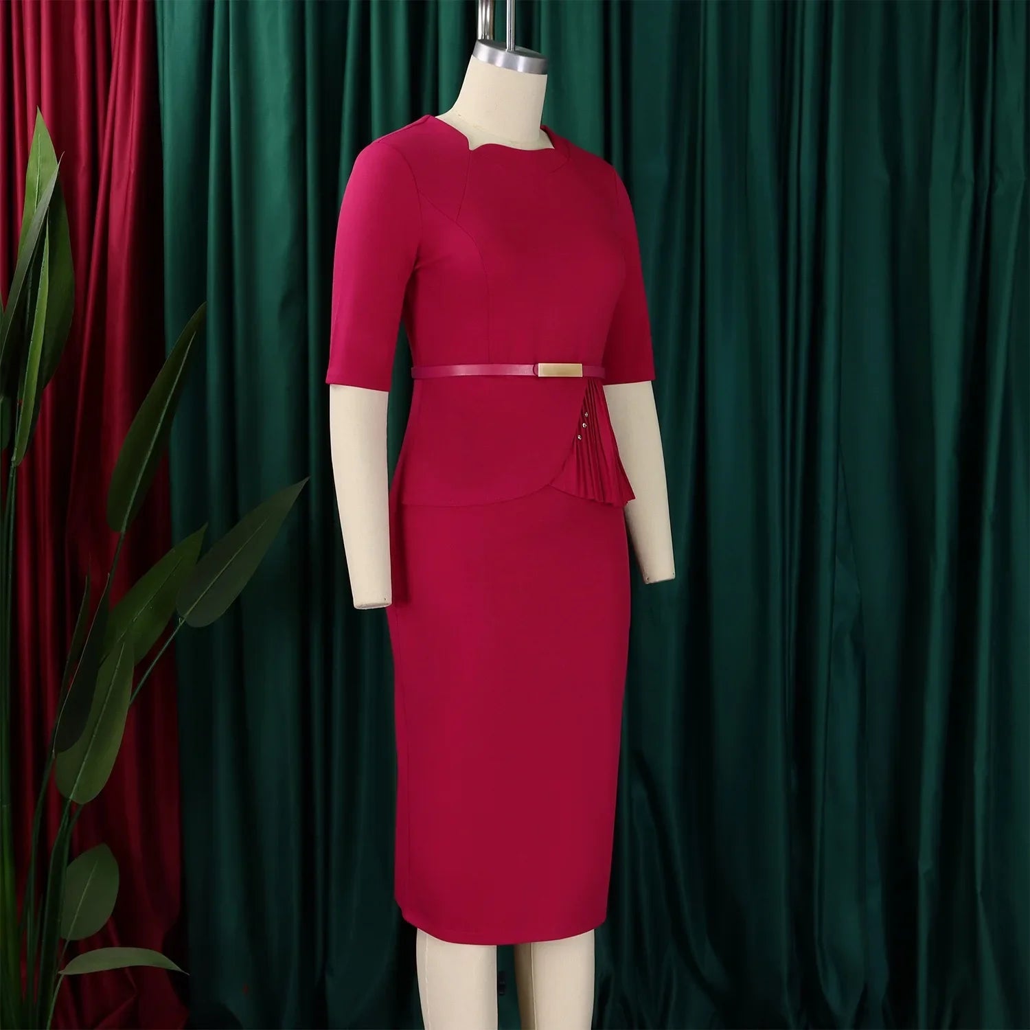 Women Square Neck Bodycon Midi Dress Belted For Work