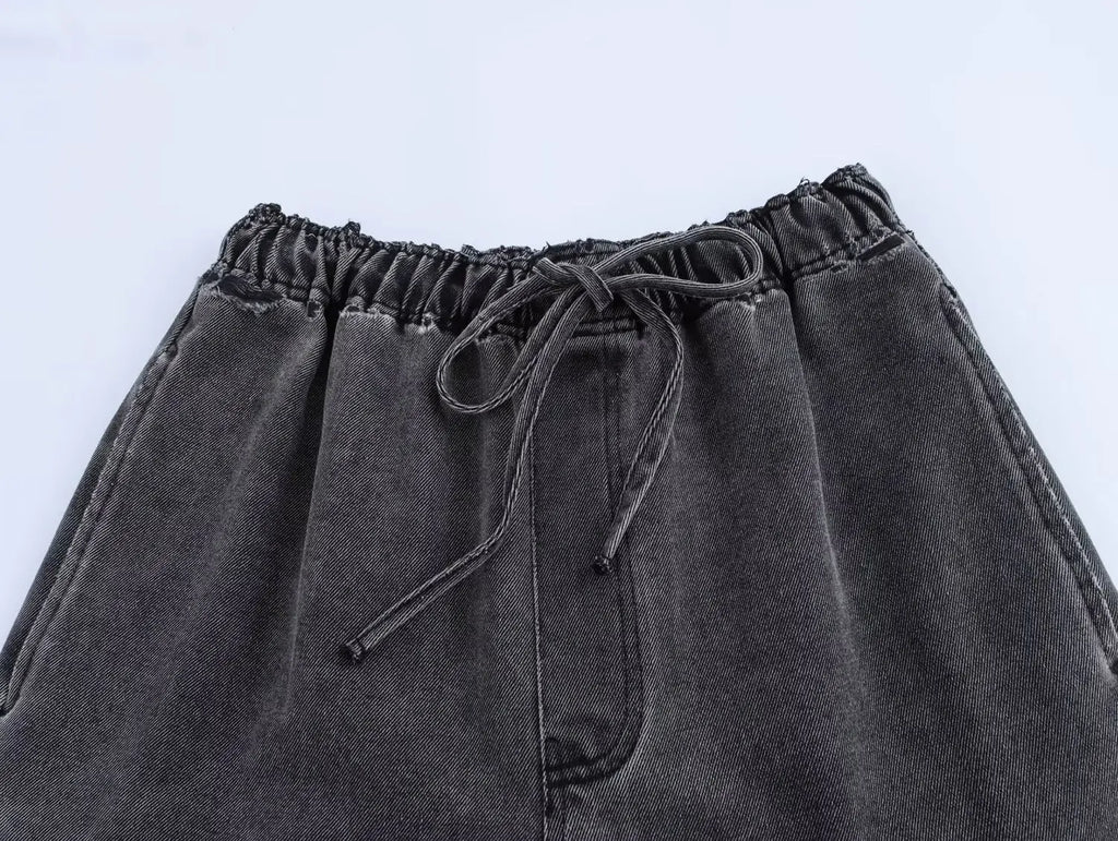 Casual Denim Two Piece Set with Elastic Waist Wide Leg Pants and Polo Collar Long Sleeve Top Loose Fit Stylish Outfit