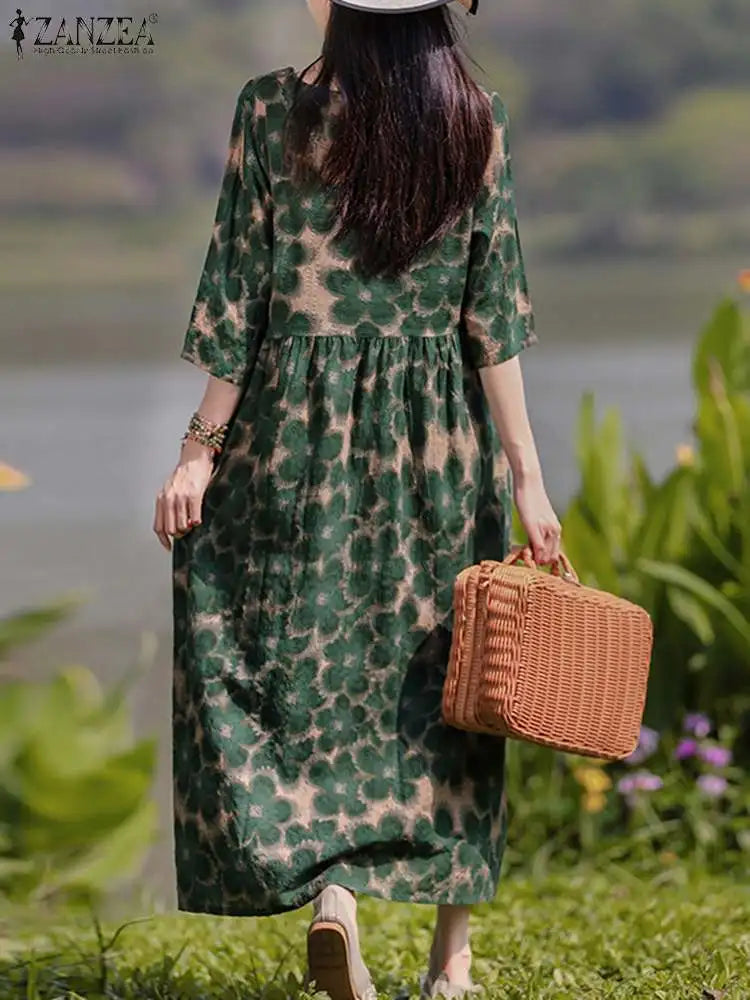 Bohemian Floral Maxi Dress with Three Quarter Sleeves