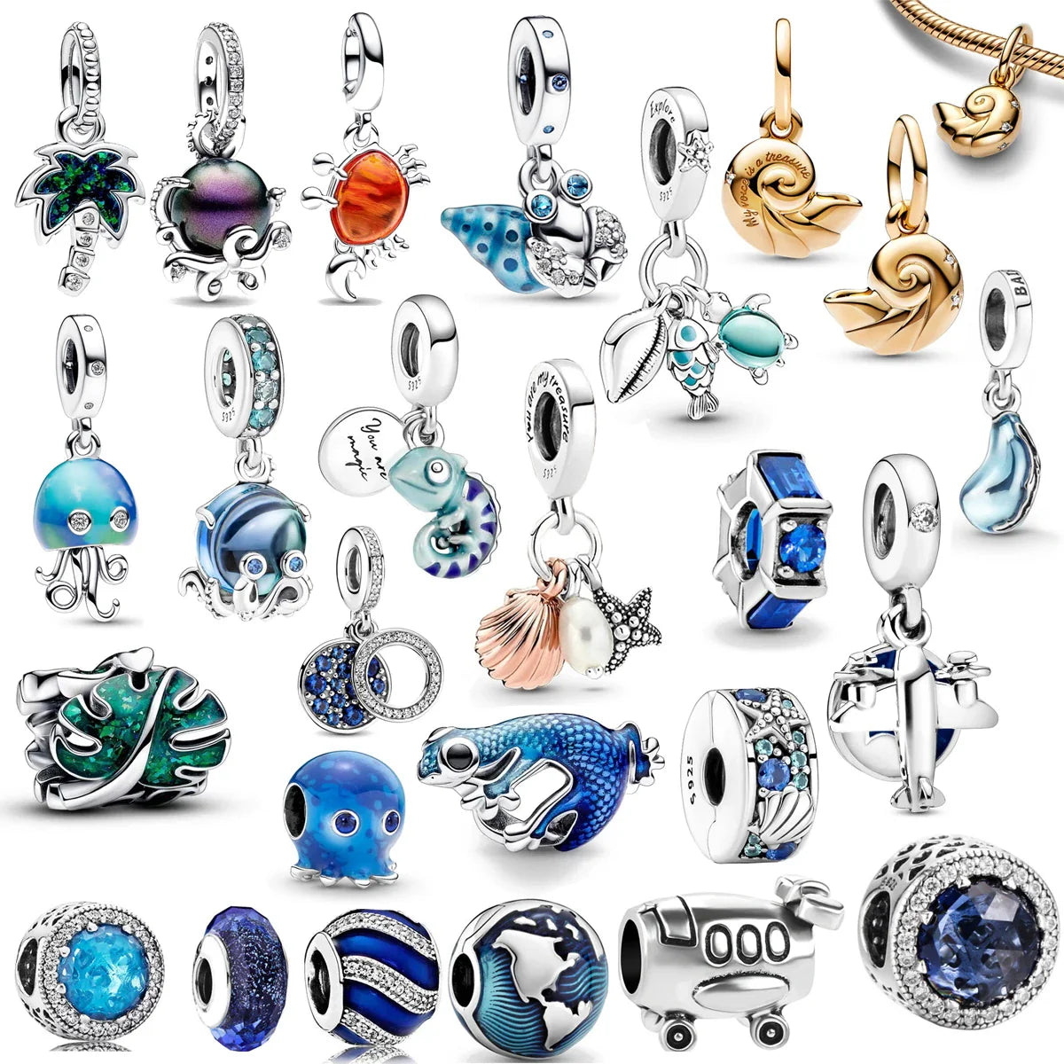 Ocean Blue Coconut Tree Octopus Turtle Charms for 925 Silver Bracelet Jewelry Beads for Women