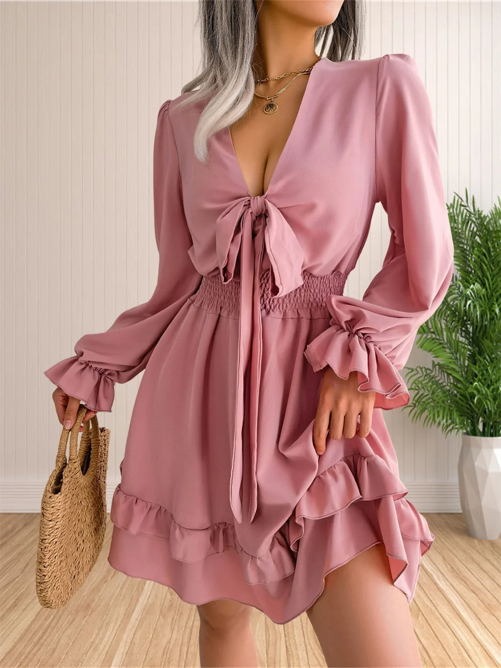 Womens V Neck Knot Front Smocked Waist Tiered Skater Dress