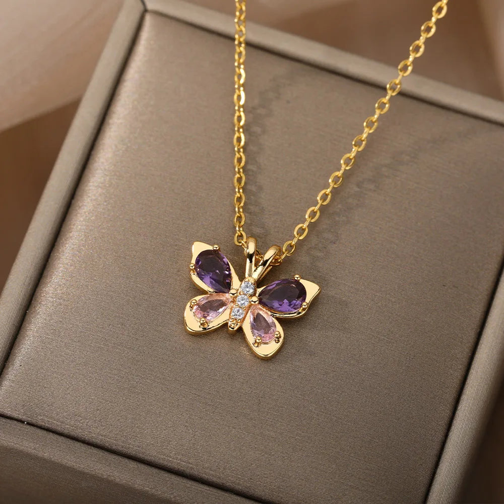 Cute Butterfly Necklace for Women with Purple Zircon Crystal Aesthetic Choker Jewelry