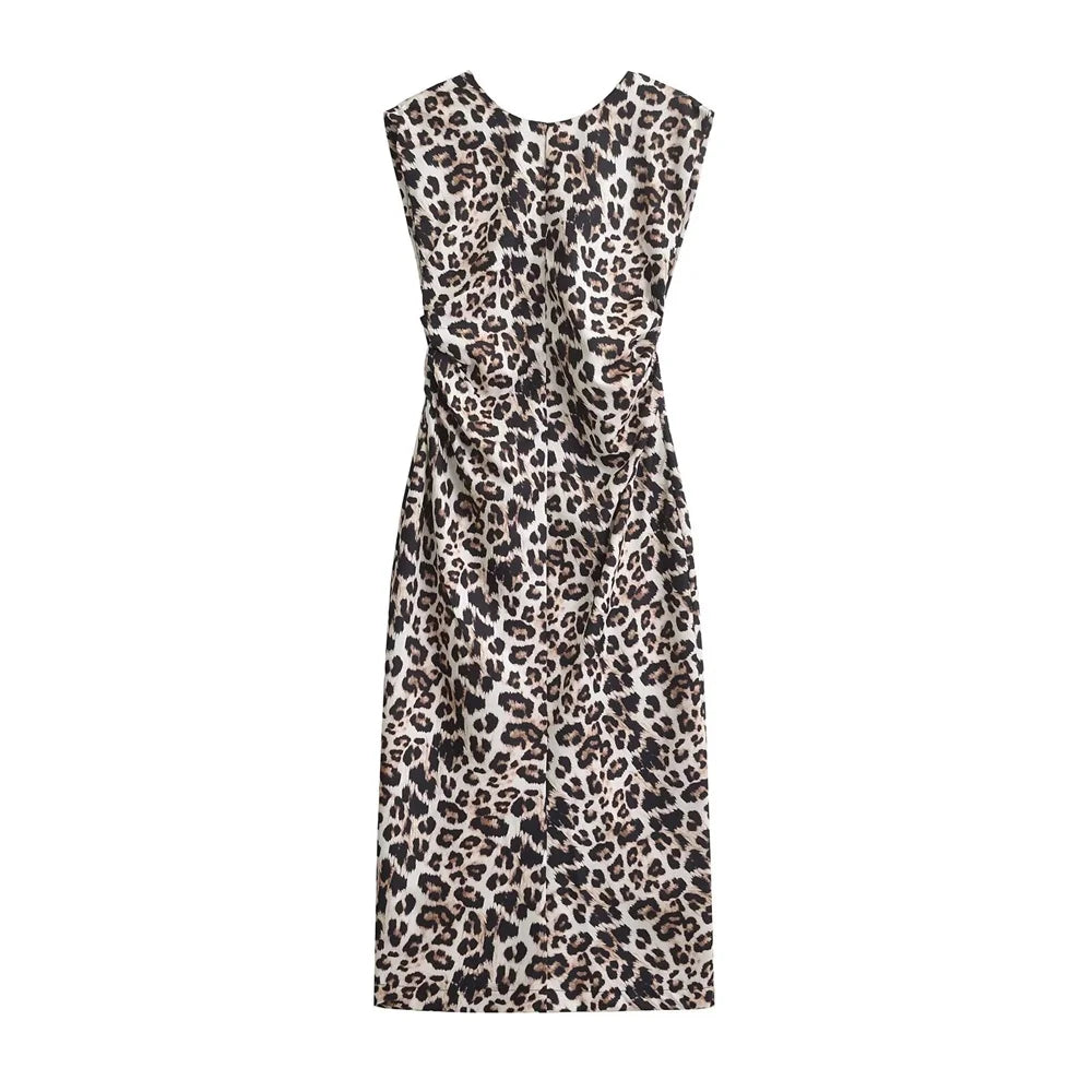 Leopard Print Sleeveless Midi Dress With Round Neck