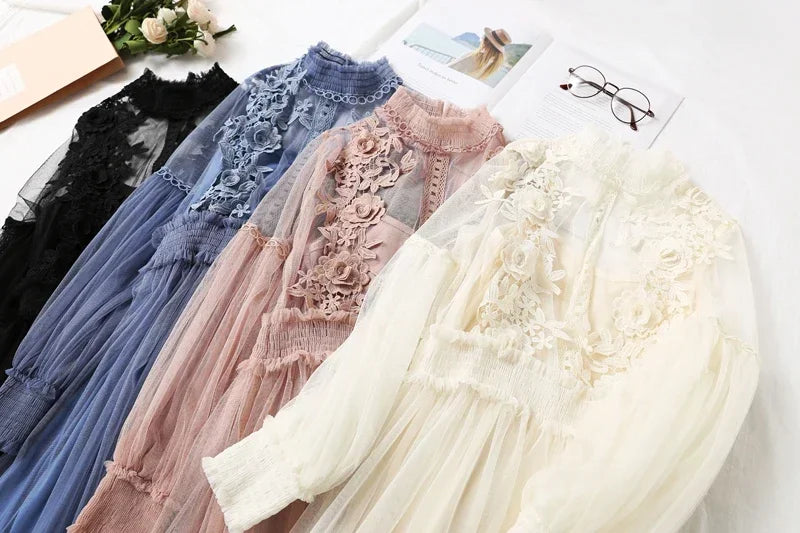 White Lace Mesh Dress With Lantern Sleeves For Women