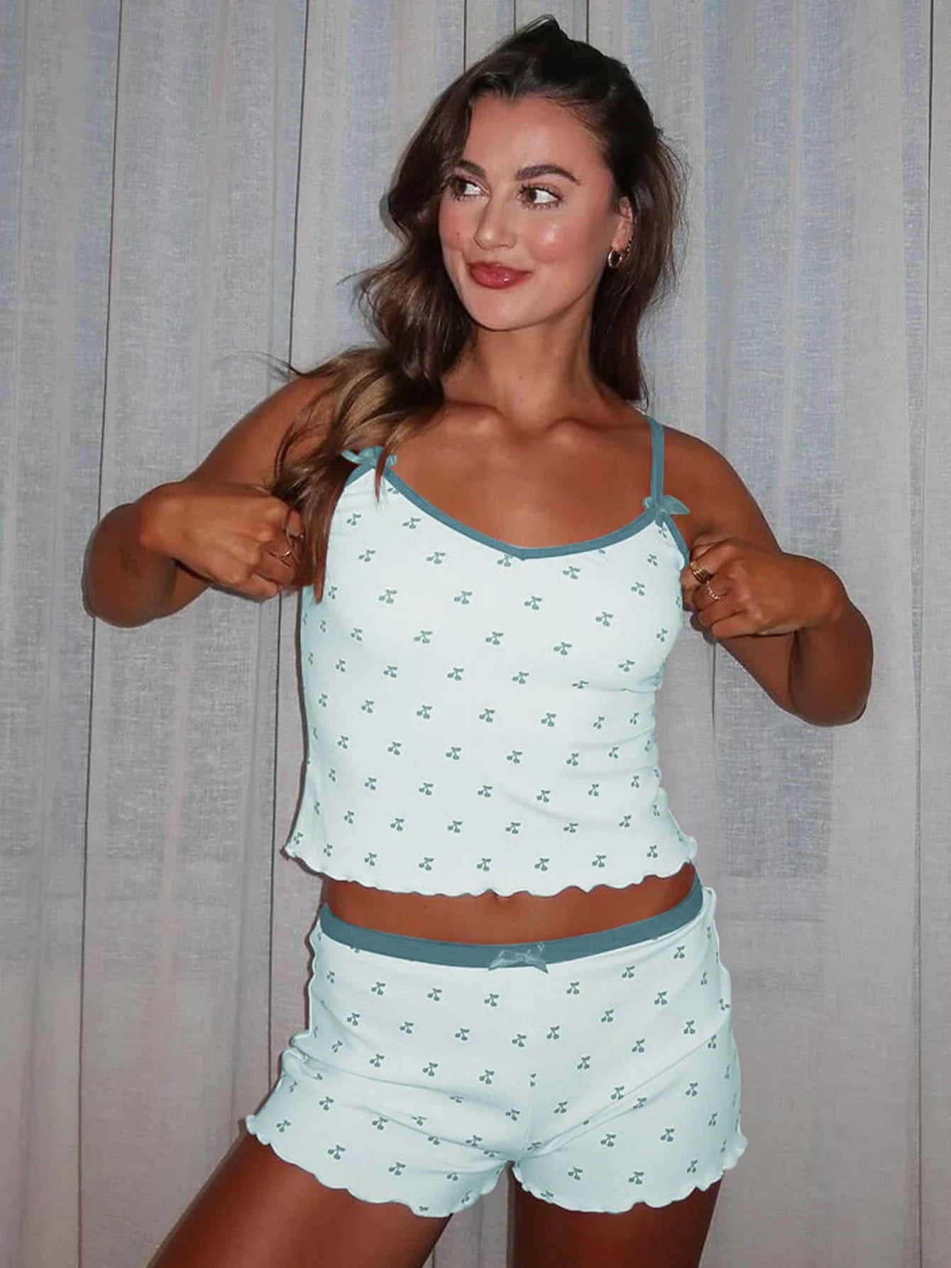 Cherry Print Two-Piece Matching Set with Slim Crop Camisole Top and Bow-Accent Shorts Summer Casual Festival and Workout Outfit for Women