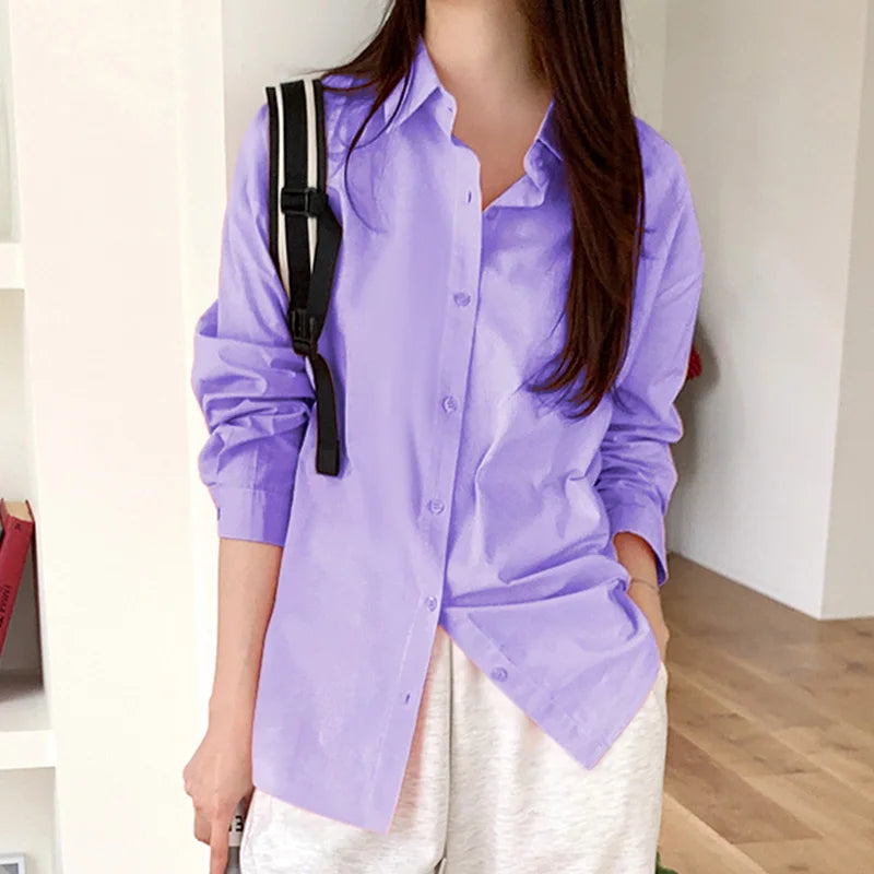 Women's Casual Loose Fit Long Sleeve Lapel Shirt 100 Percent Cotton Pure Color Versatile Layering Top for Spring and Autumn