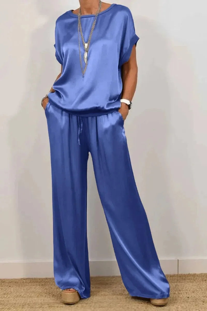 Smooth Satin Two Piece Set Women's Casual Outfit with O-neck Short Sleeve Top and Wide Leg Pant
