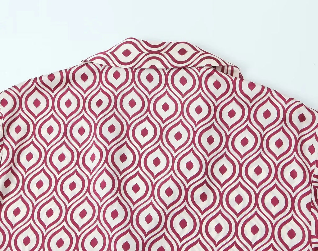 Women's Geometric Print Satin Effect Shirt with Lapel Collar Long Sleeve Single Breasted Slim Fit Chic Top for Spring and Summer