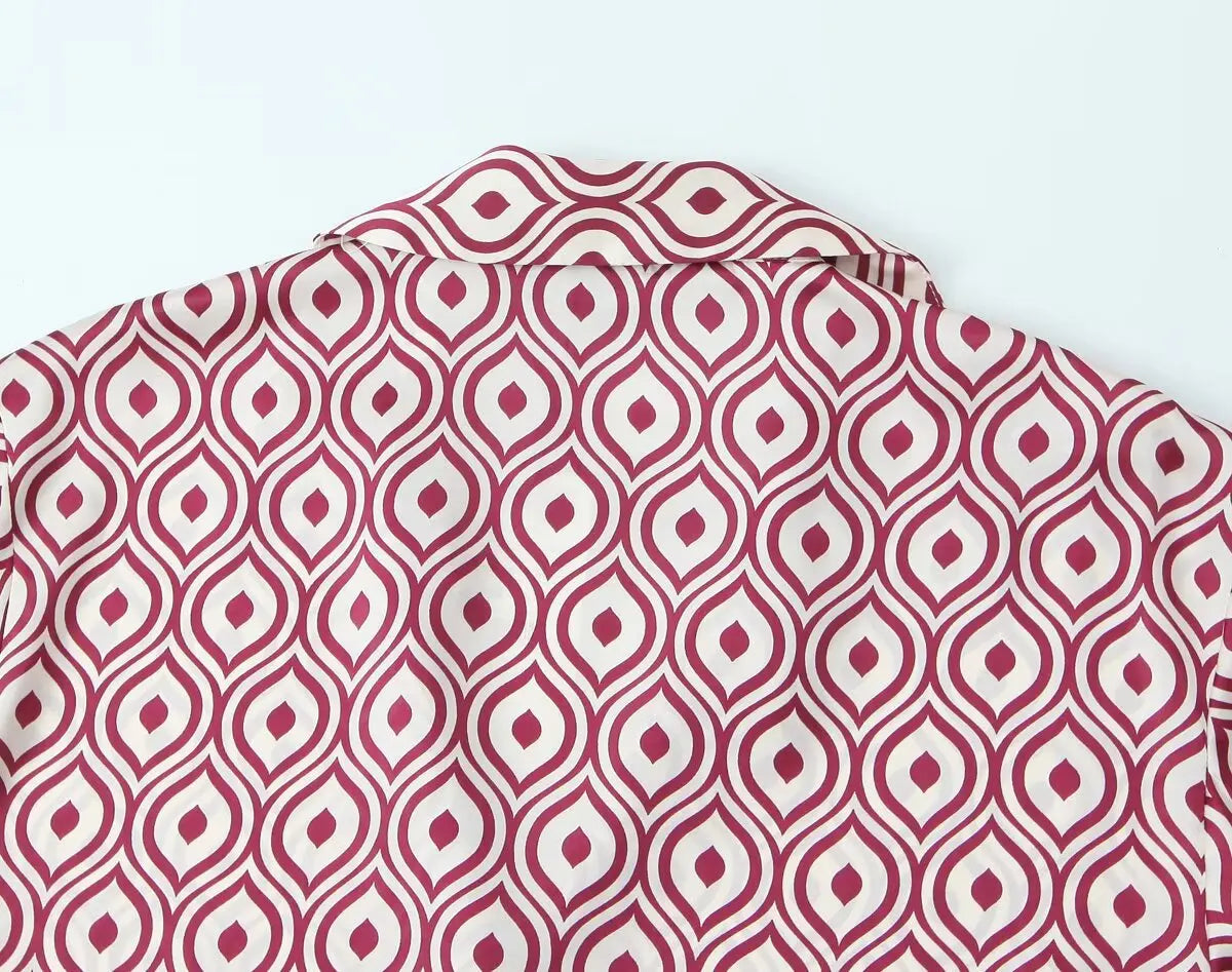 Women's Geometric Print Satin Effect Shirt with Lapel Collar Long Sleeve Single Breasted Slim Fit Chic Top for Spring and Summer