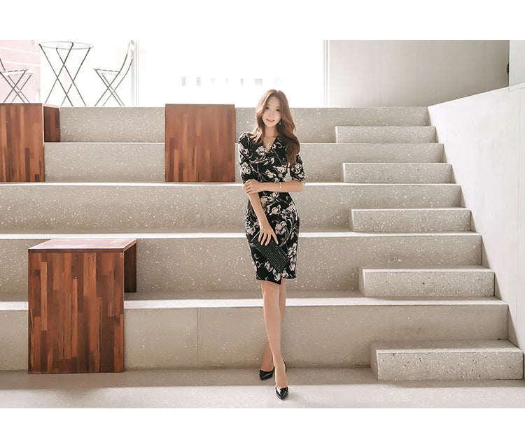 V-Neck Pencil Dress for Women Vintage Print Office Wear