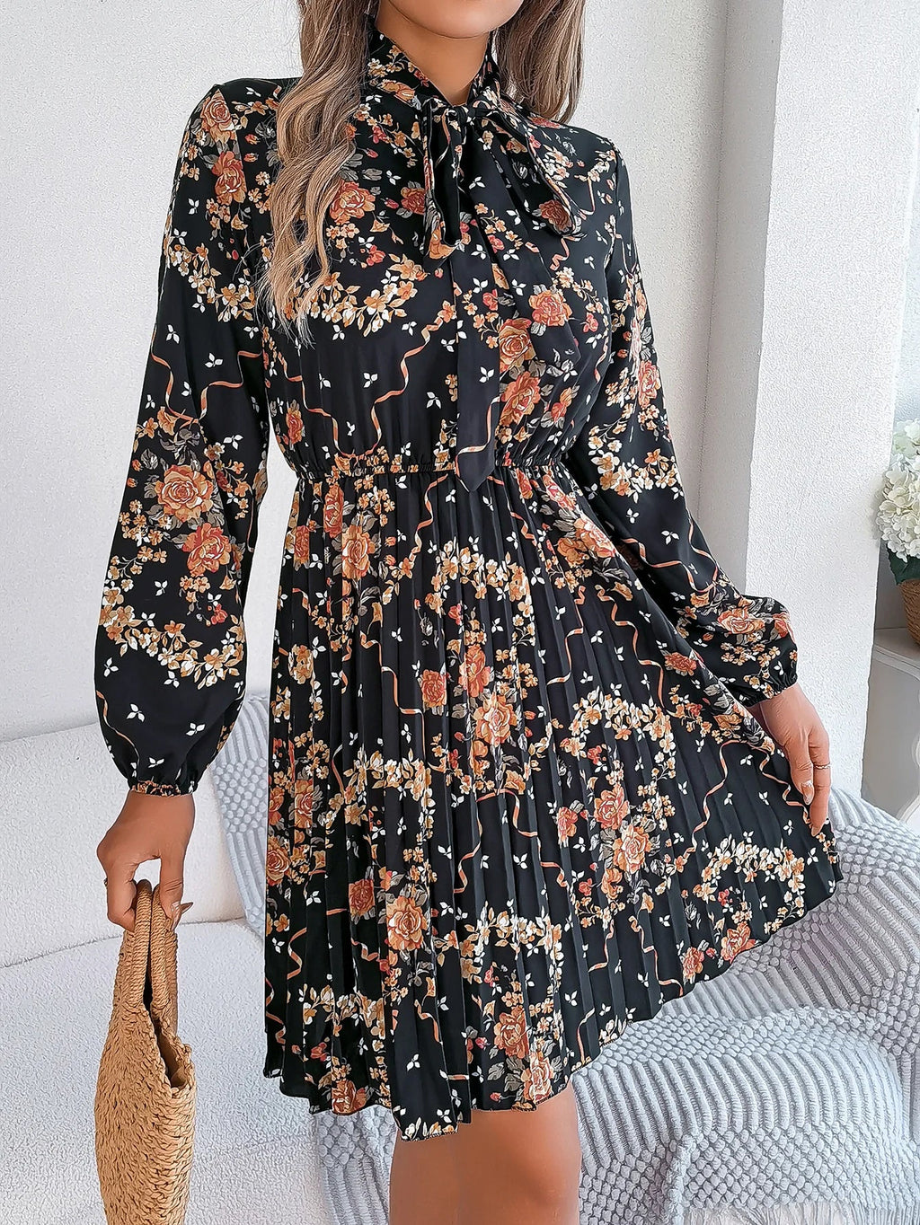 Floral Print Lace Up Long Sleeve Pleated Dress With Bow