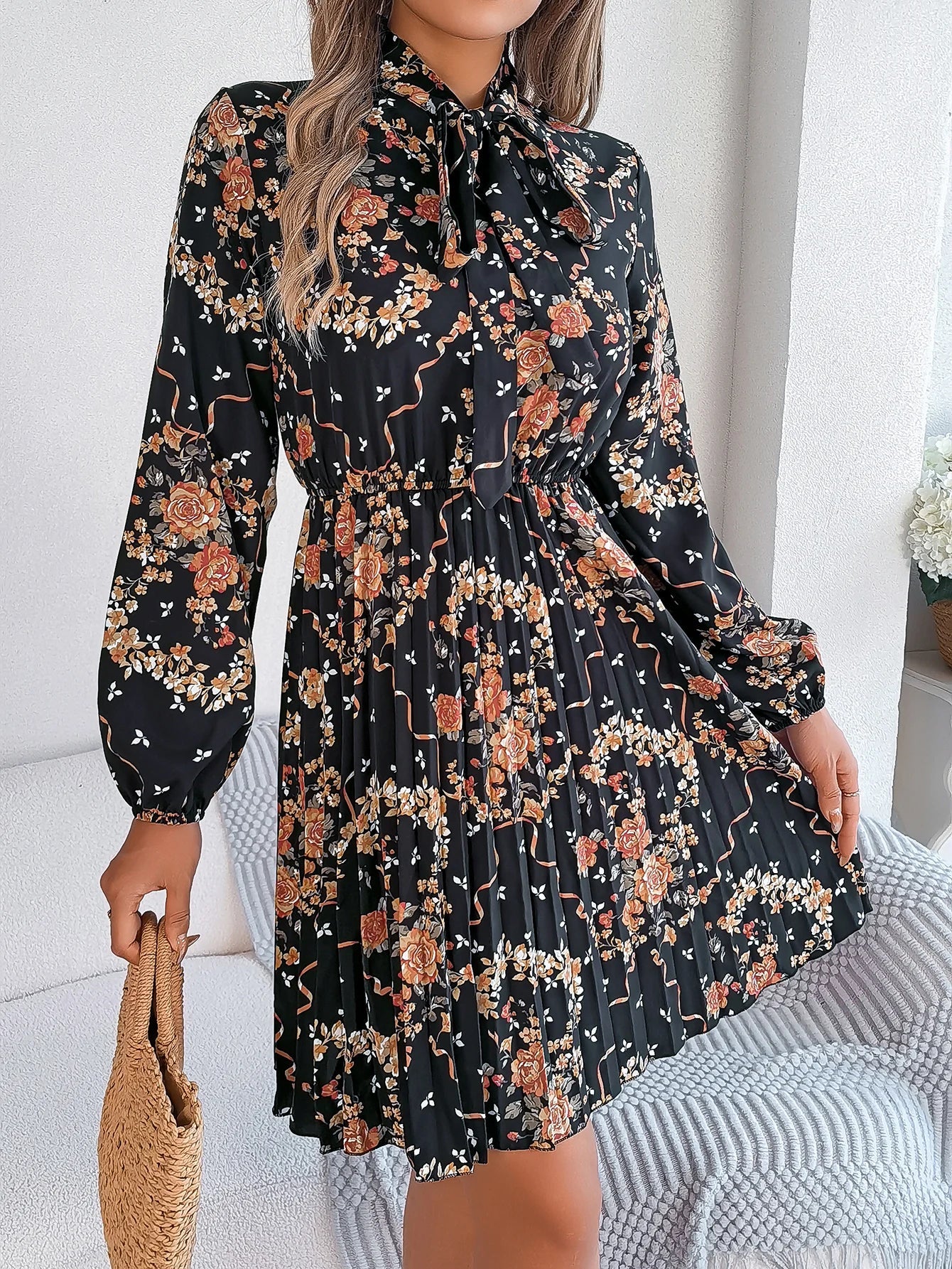 Floral Print Lace Up Long Sleeve Pleated Dress With Bow