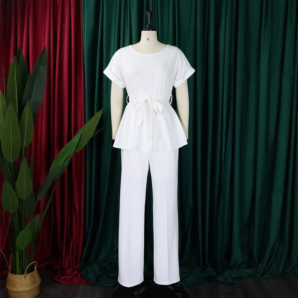 Women's Elegant 2 Piece Pants Set with Solid Blouse Short Sleeve O Neck and Long Trousers