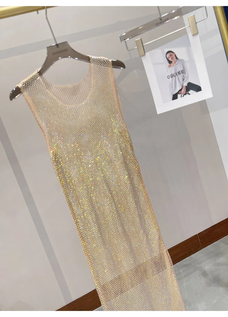 Rhinestone Mesh Midi Dress for Sexy Party and Clubwear