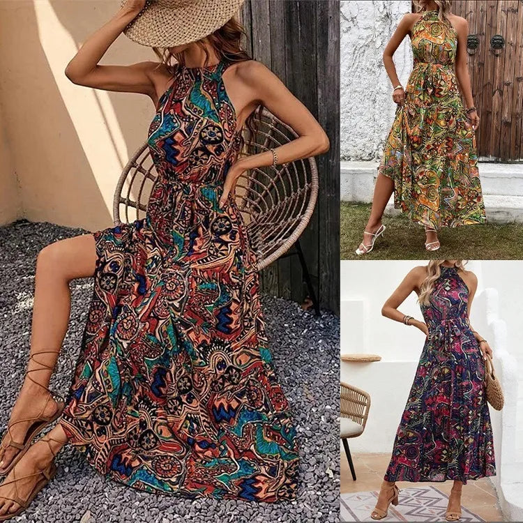 Bohemian Print Maxi Dress Halter Neck Zipper Closure