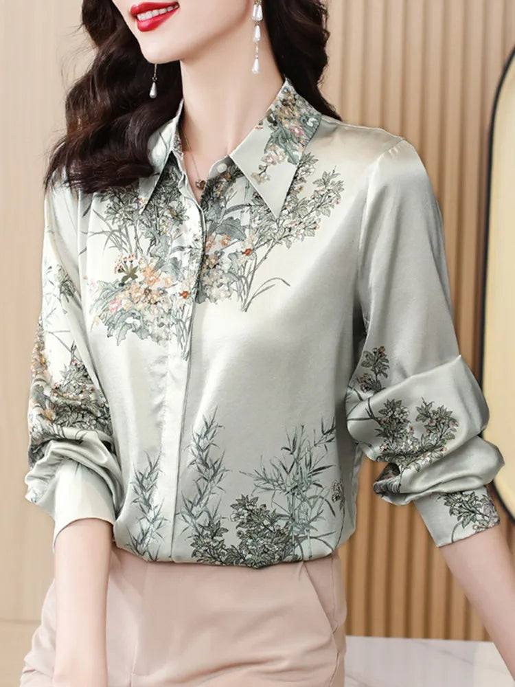 Elegant Floral Blouse for Women Spring Luxury Office Lady Shirt Basic Feminine Tops