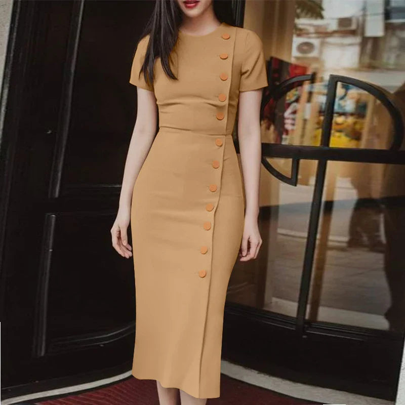 Elegant Women Midi Dress Solid Color Short Sleeve Casual