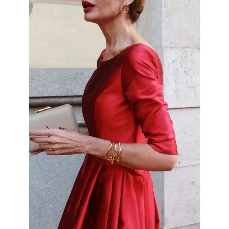 Elegant Banquet Evening Midi Dress Pleated Solid Color