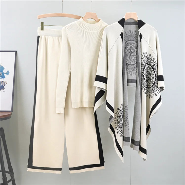 Cozy Knit Shawl Sweater Three Piece Set for Women Loose Wide Leg Pants Casual Jacket Solid Color Autumn Winter Outfit