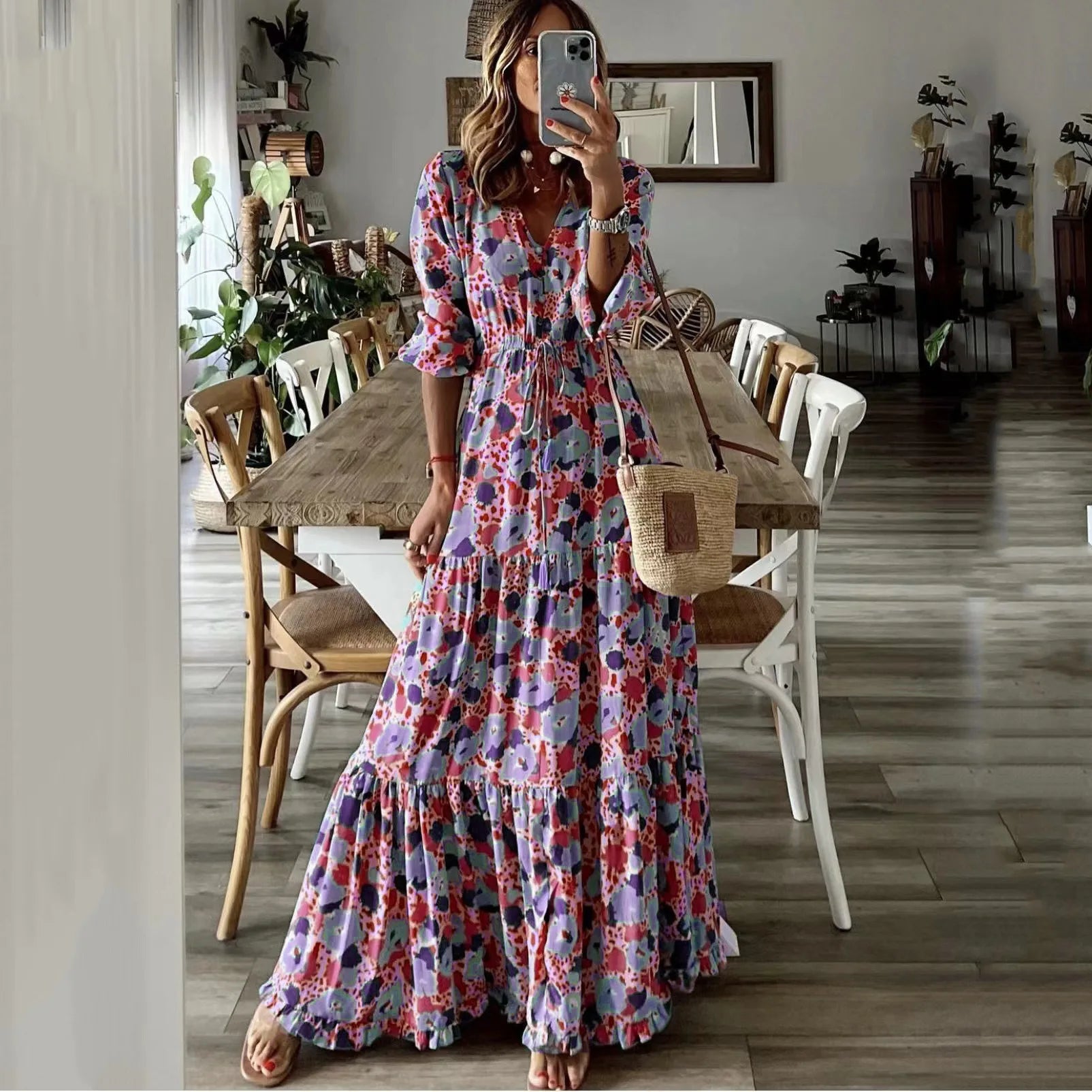 Bright Summer Maxi Dress V Neck Printed For Women Vacation