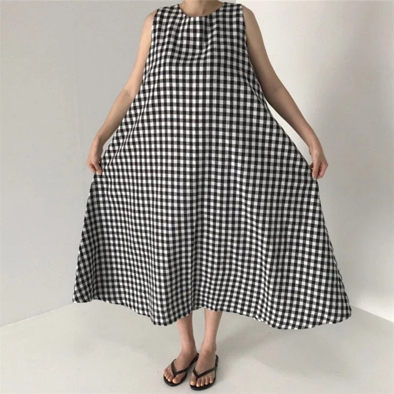 Vintage Plaid Tank Dress for Women High Waist O Neck