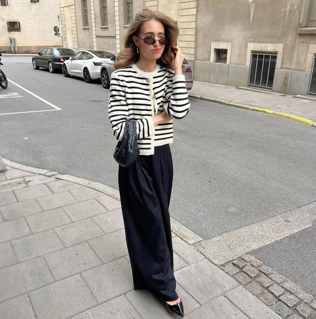 Autumn Striped Single Breasted Knit Cardigan and Shorts Two Piece Set for Women Elegant Sweater Top and Matching Bottoms Stylish Streetwear Outfit