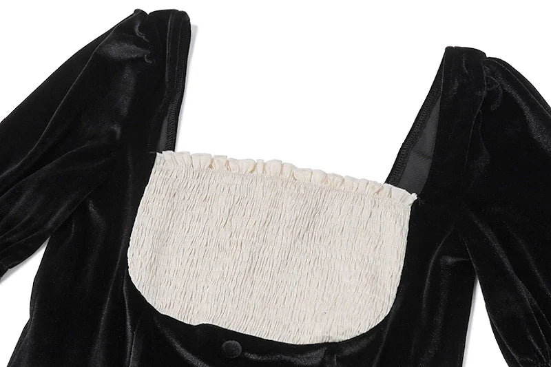 French Retro Patchwork Square Neck Dress For Evening Party