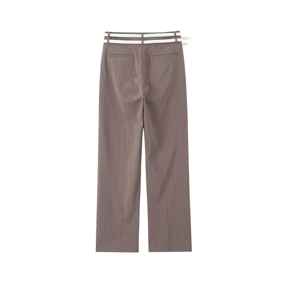 Women's Fashion Striped Two-Piece Set with Belted Waistcoat Top and Low Waist Pocketed Pants