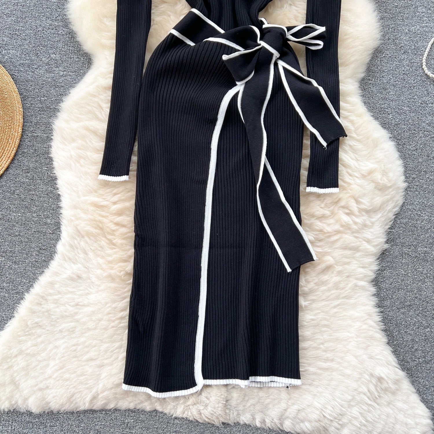 Black Knitted Sweater Dress With Lace Up Long Sleeve