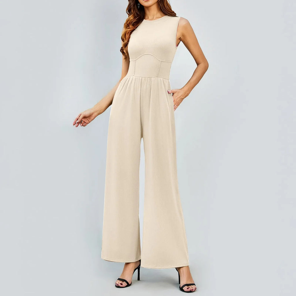 Women Sleeveless High Neck Ribbed Tank Top Jumpsuit Wide Leg Pants Romper with Tummy Control and High Waist Casual Summer Outfit