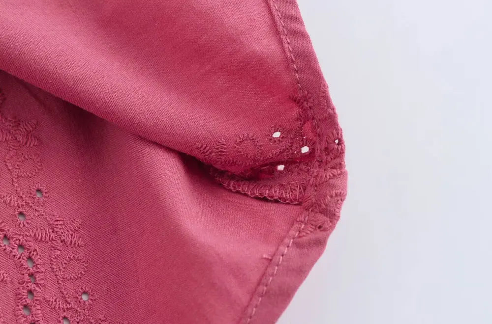 Womens Long Sleeve Cutwork Embroidery Shirt Chic Blouse with Front Covered Buttons Elegant Fashion Top