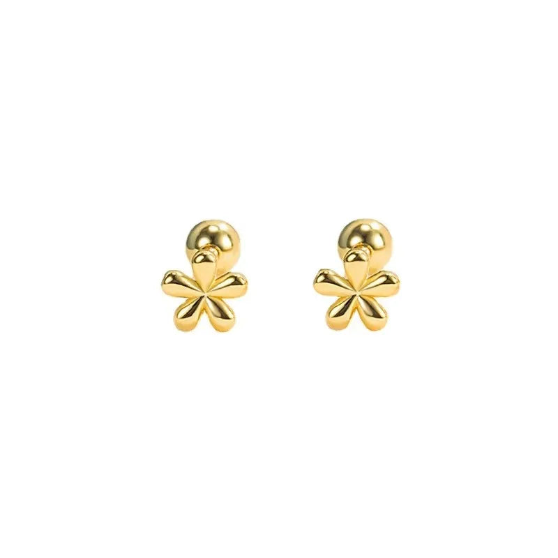 Simple Stainless Steel Golden Flower Small Stud Earrings for Women with Tiny Screw Back Piercing