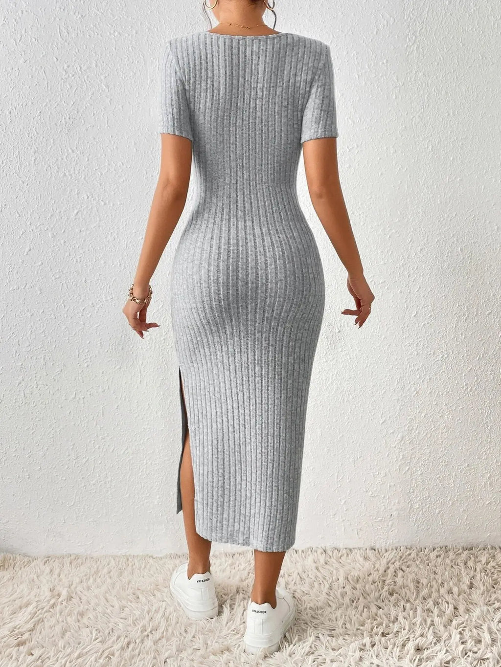 Sexy French Square Neck Rib Knit Wrap Dress With Side Slit