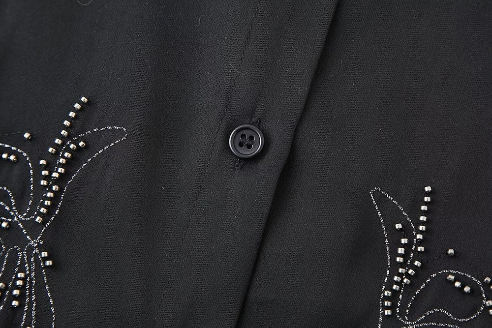 Women's Beaded Embroidery Long Sleeve Shirt and Loose Trousers Set with Lace Up Details