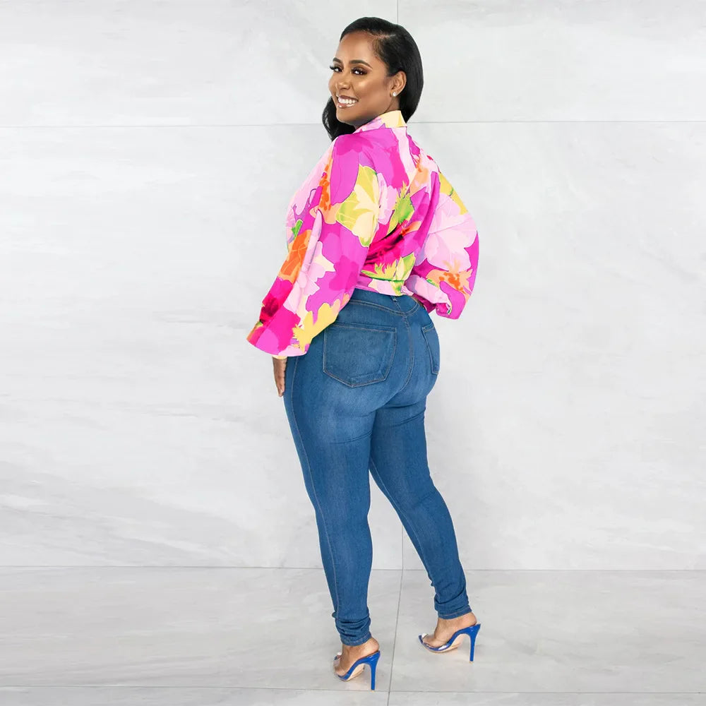 Women's Printed V-Neck Ramie Shirt Loose Bat-Sleeve Summer Top with Belly Cover Age-Reducing Design