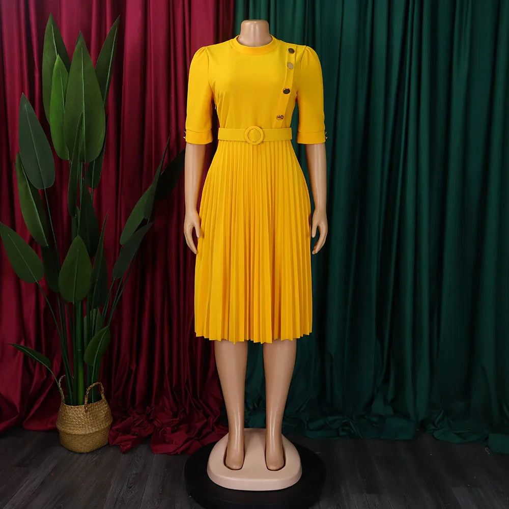 Elegant Pleated Dress for Women Formal Half Sleeve Belted