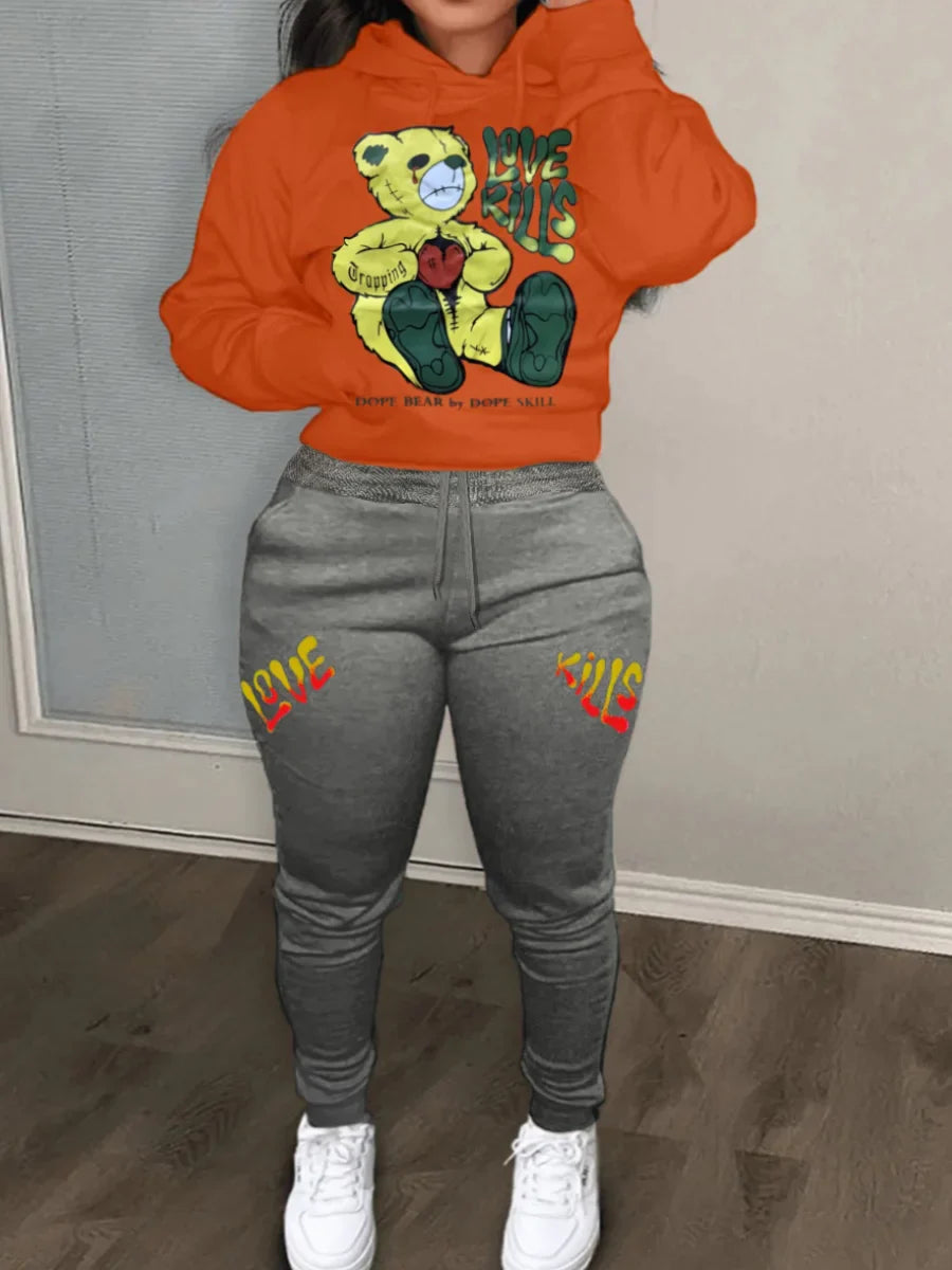 Kangaroo Pocket Hooded Tracksuit for Women - Casual Patchwork Long Sleeve Sweat Outfit