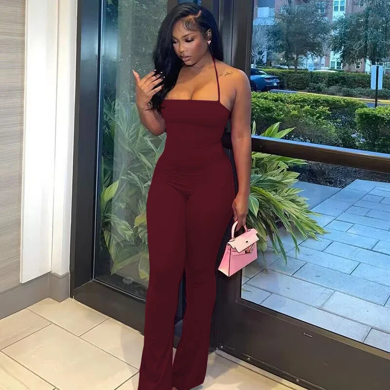 Sleeveless Halter Backless Bodycon Jumpsuit with Flare Pants Casual Rompers for Women Streetwear Festival Outfit