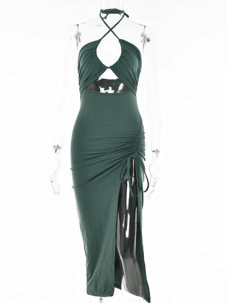 Backless Party Dress Hollow Out Drawstring High Split Style