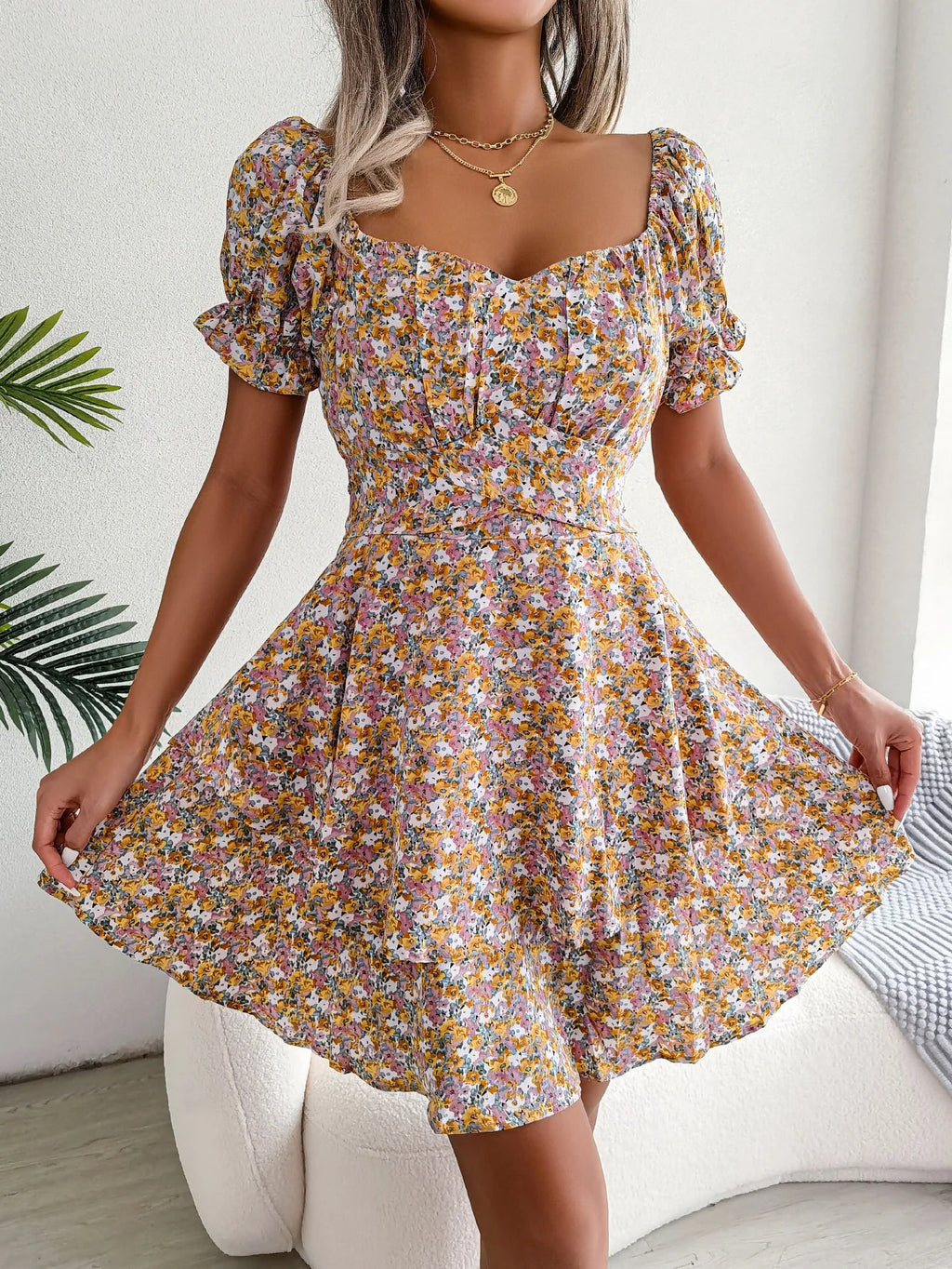 Floral Print Pleated Dress For Women Knee Length Summer